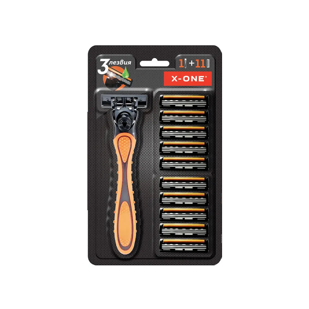 Бритвенный станок многоразовый мужcкой, 3 лезвия, 11 кассет, оранжевый, X-ONE (ИКС-УАН), 700023