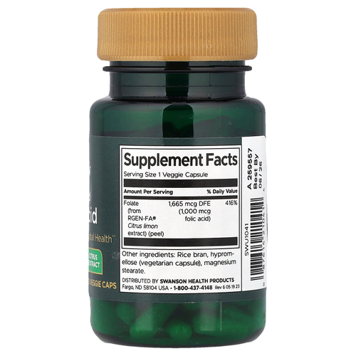 Swanson, Натуральная фолиевая кислота, 1000 мкг, 100 растительных капсул