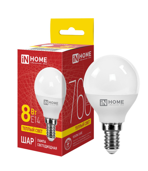 Лампа светодиодная IN HOME LED-ШАР-VC 8Вт 230В Е14 3000К 760Лм