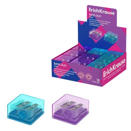 Точилка пластиковая ErichKrause Base Mini Vivid 2 отверстие, с контейнером, ассорти, 1шт.