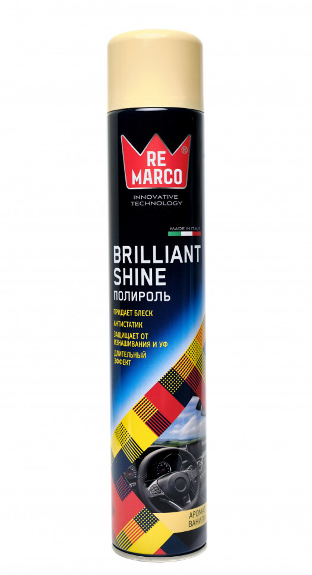 RM-800 RE MARCO Полироль пластика BRILLIANT SHINE 750 мл (аэр.), ВАНИЛЬ