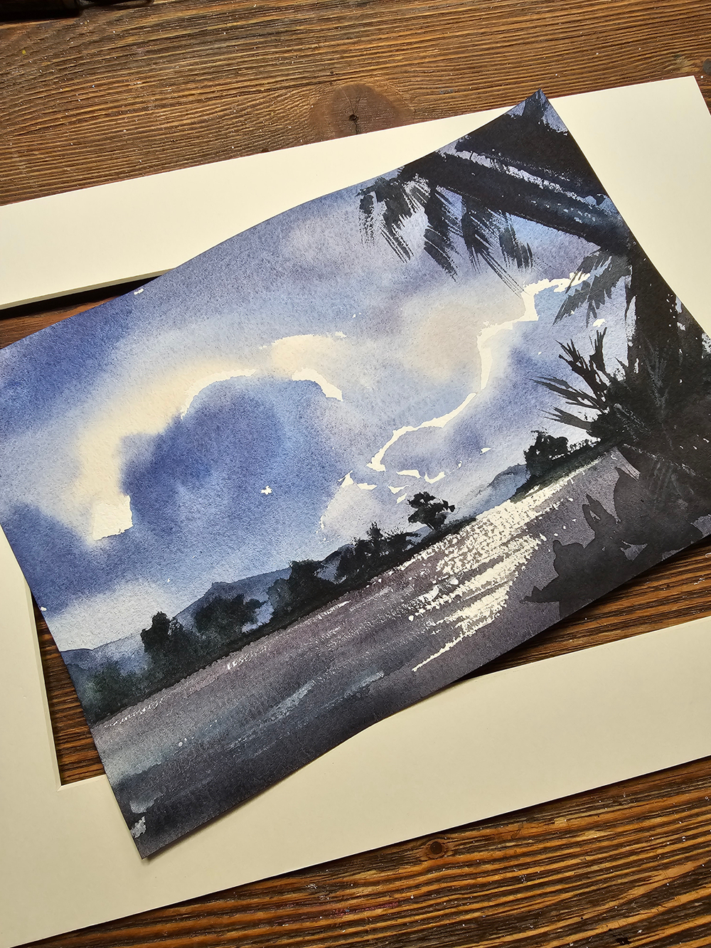 Картина авторская акварельная в паспарту 21*30 см на стену для интерьера "В окружении пальм"