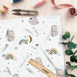 Ткань кулирная гладь динозаврики в облаках