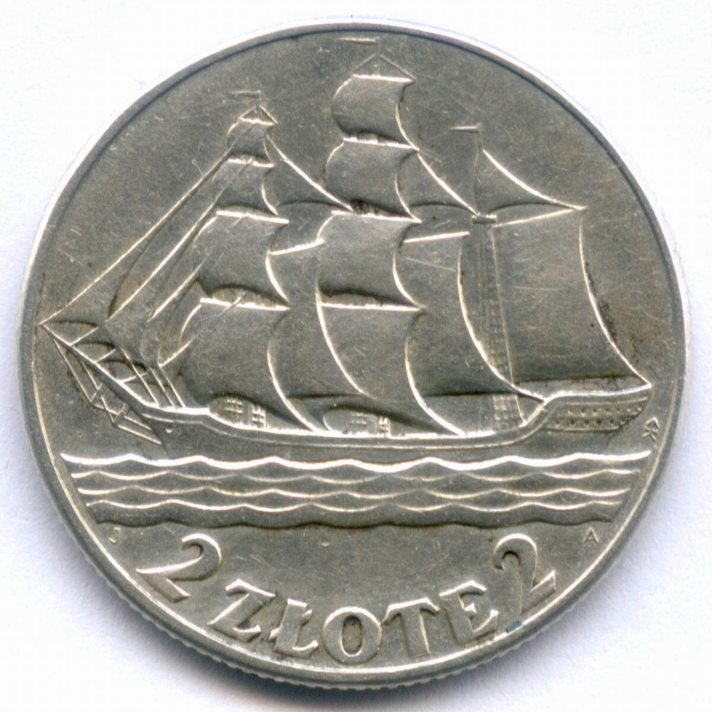 2 злотых 1936 год. Польша (Парусник). 15 лет морскому порту Гдыня. Серебро VF-XF