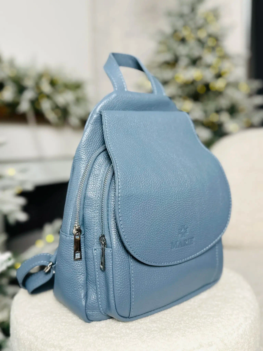 Женский городской рюкзак из натуральной кожи цвет голубой