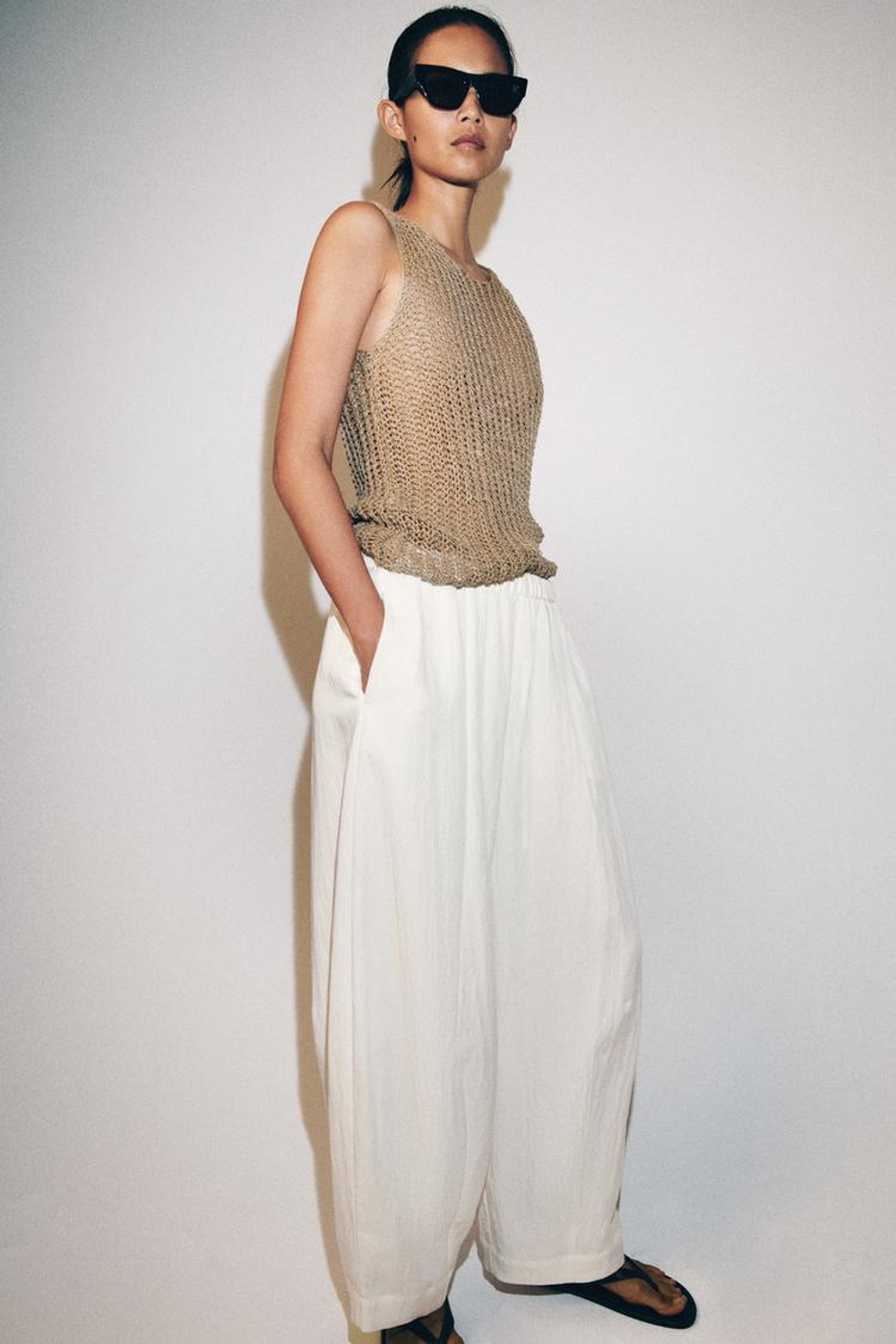 ZARA БРЮКИ BARREL — ZW COLLECTION, ЖЕЛТОВАТО-БЕЛЫЙ