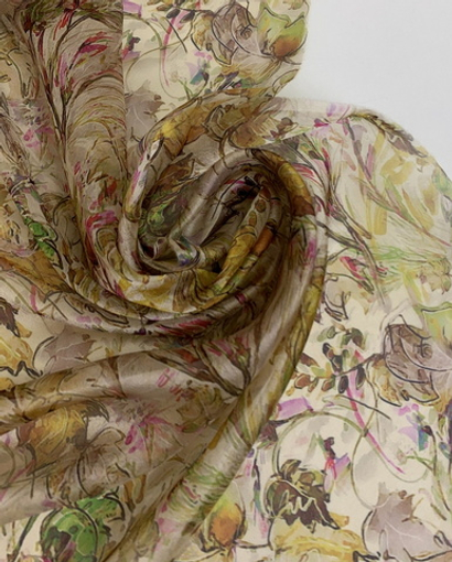 Шифон принт, silk, листья, ветки коричн/зеленый на беж RH D9C1