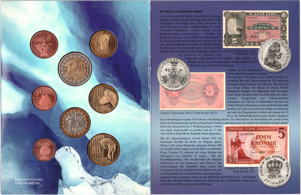 Исландия. Сувенирный набор пробных евро. 2004 г. В буклете