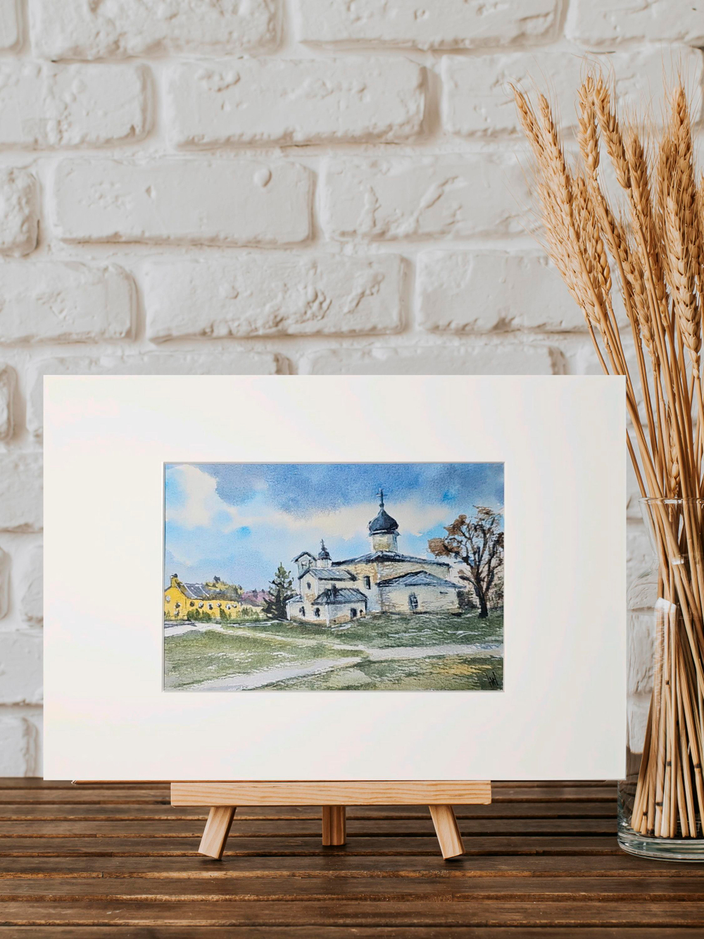 Картина авторская акварельная в паспарту 21х30 см на стену для интерьера "Церковь Нерукотворенного образа на Запсковье"