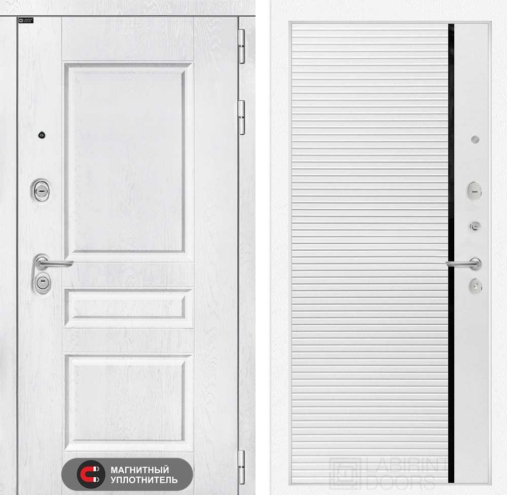 Дверь входная Лабиринт VERSAL  22 Белый софт, черная вставка металлическая