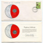 1 тхебе 1976 год. Ботсвана. Конверт с маркой и спецгашением. Серия "Coins of all Nations" (США)