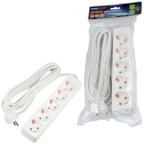 S-GCU5-5 WHITE Удлинитель серии Ultra, шнур 5м., 5 гнезд, 16A, с/з. Белый. TM Uniel