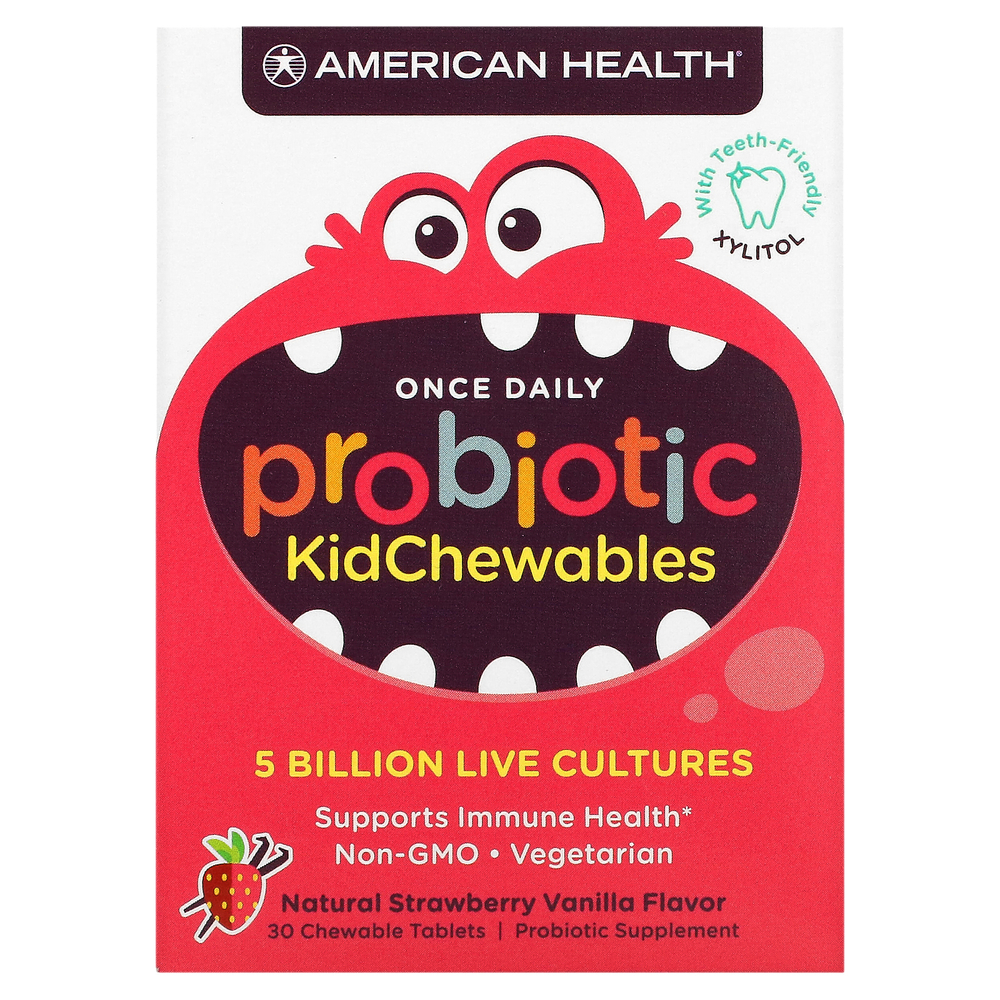American Health, KidChewables, пробиотик для детей, натуральный вкус клубники и ванили, 5 млрд живых культур, 30 жевательных таблеток