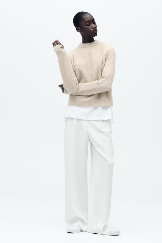 ZARA ОДНОТОННЫЙ СВИТЕР ИЗ ШЕРСТИ И АЛЬПАКИ, ЭКРЮ