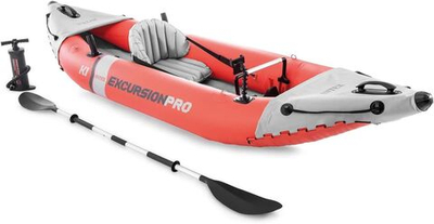 Байдарка надувная одноместная Intex 68303 Excursion Pro K1 (305х91х46 см) с веслом и насосом, Каяк армированный для рыбалки и сплава