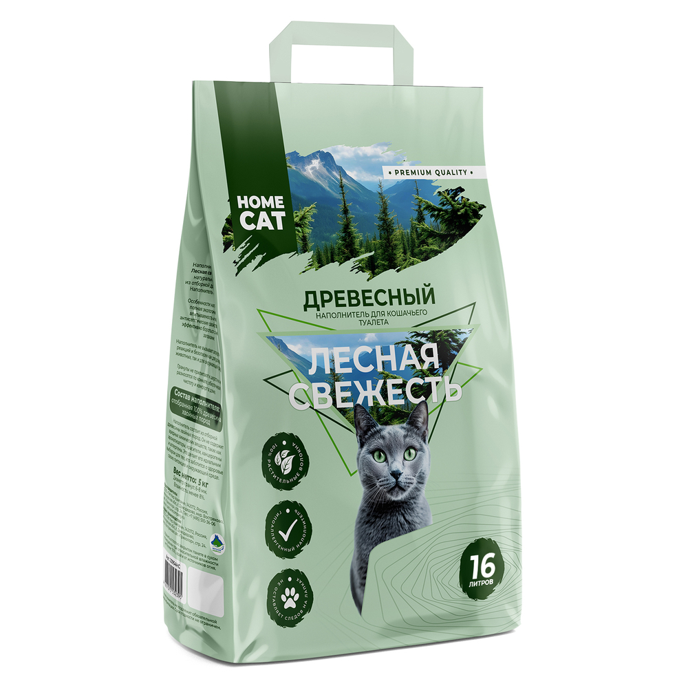 Древесный наполнитель HOMECAT Лесная свежесть для кошачьих туалетов мелкие гранулы 16 л