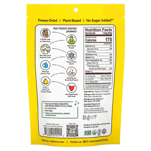 Natierra, органический сублимированный ананас, 43 г (1,5 унции)