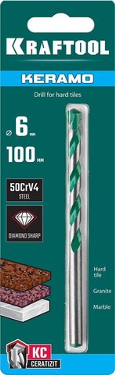 KRAFTOOL Keramo, 6 х 100 мм, тв.сплав КС, сверло по керамограниту (29175-100-6)