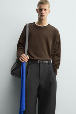 ZARA ФУТБОЛКА С КОНТРАСТНОЙ ДВОЙНОЙ ОТДЕЛКОЙ, КОРИЧНЕВЫЙ