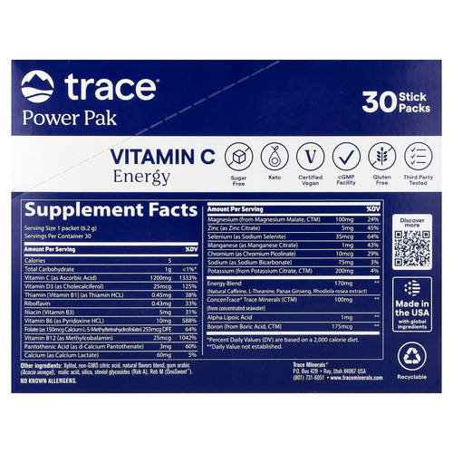 Trace, Power Pak, витамин C и энергетическая смесь, лимон и лайм, 30 стик-пакетов по 6,2 г (0,22 унции)