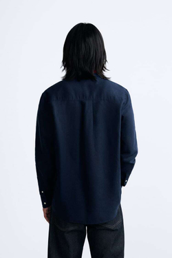 ZARA РУБАШКА ИЗ ХЛОПКА И ЛЬНА, МОРСКОЙ СИНИЙ