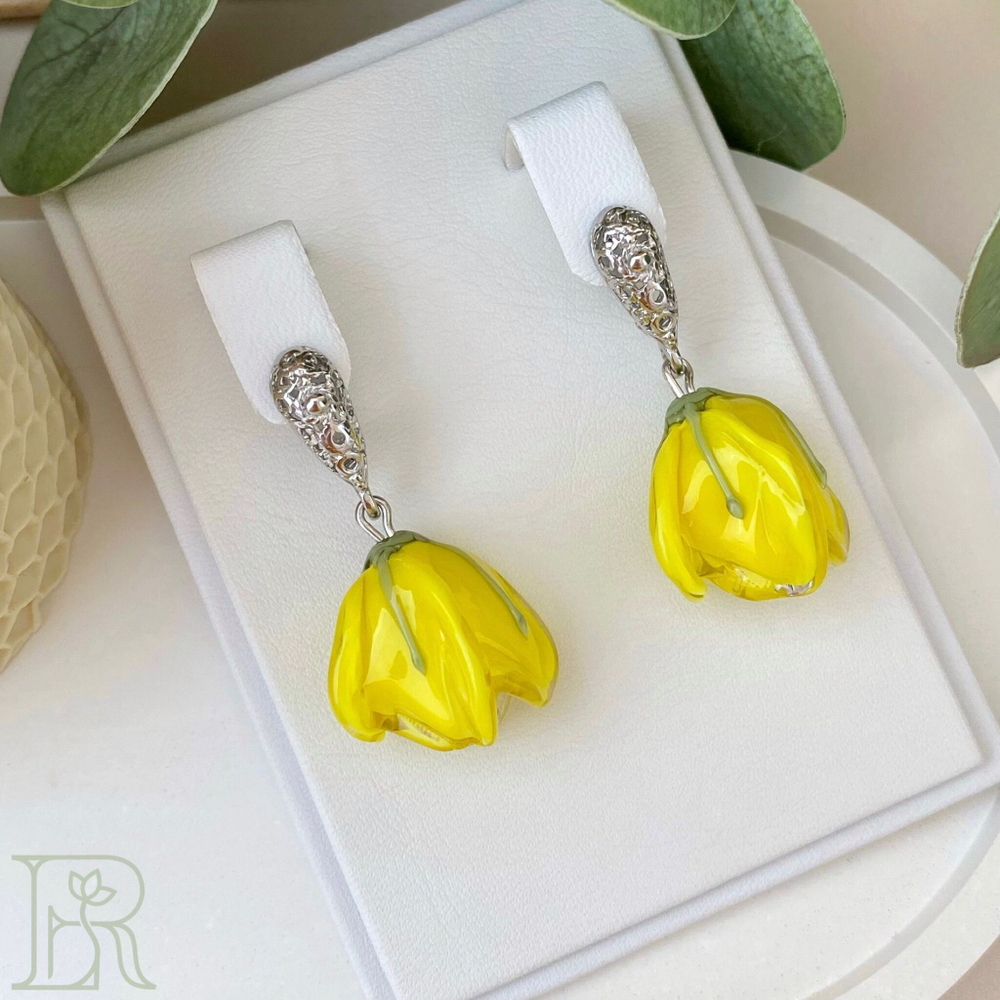 LEFIREL' Серьги серебряные женские "Зарнина" с цветами из муранского стекла / ювелирные украшения из родированного серебра 925