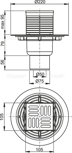 Сливной трап APV201 105 × 105/50/75, подводка – прямая, решетка из нерж стали, гидрозатвор – мокрый