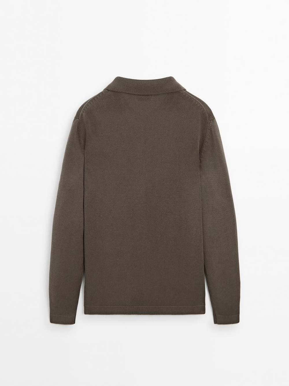 Massimo Dutti Трикотажный свитер с воротником поло на молнии, хаки