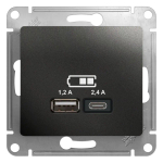 GLOSSA USB РОЗЕТКА А+С, 5В/2,4А, 2х5В/1,2А, механизм, АНТРАЦИТ