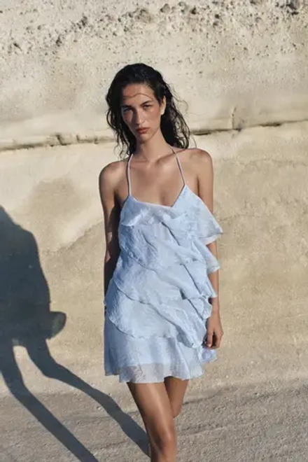 ZARA КОРОТКОЕ ПЛАТЬЕ С ВОЛАНАМИ, НЕБЕСНО-ГОЛУБОЙ