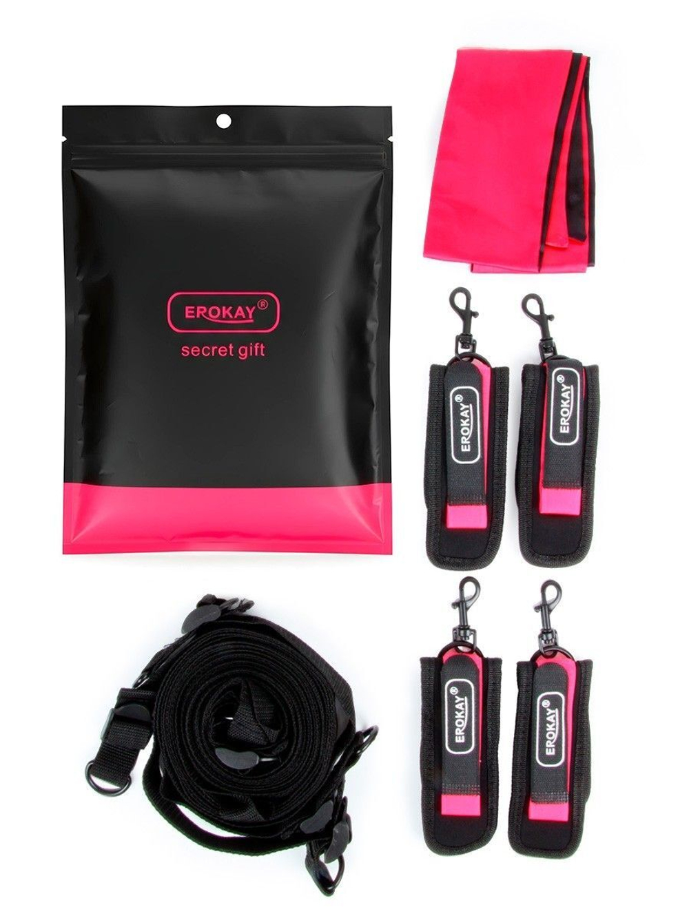 Черно-розовый эротический набор: фиксатор, оковы, наручники, повязка