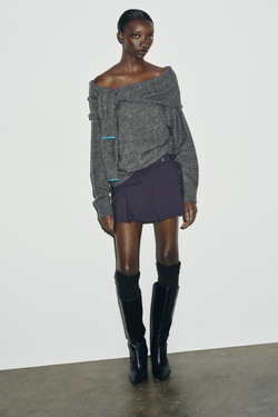 ZARA ТРИКОТАЖНЫЙ ДЖЕМПЕР С ОТКРЫТЫМИ ПЛЕЧАМИ, СЕРЫЙ МЕЛАНЖ