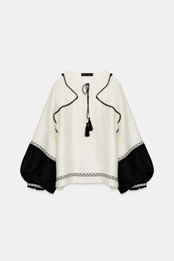 ZARA ОБЪЕМНАЯ БЛУЗА С ВОЛАНАМИ, ЭКРЮ/ЧЕРНЫЙ