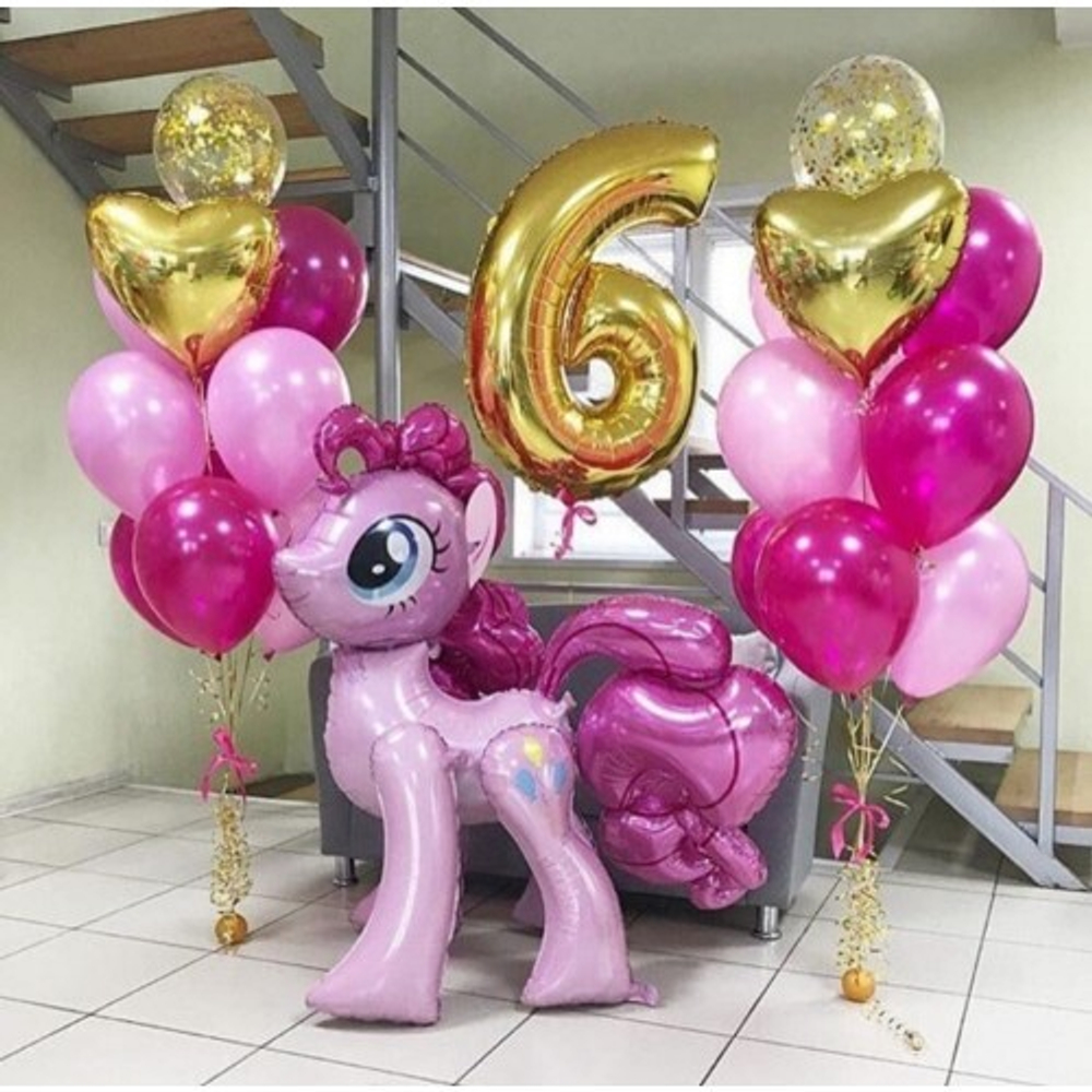 Облако шаров на 6 лет с цифрой золотой и Пони Пинки Пай