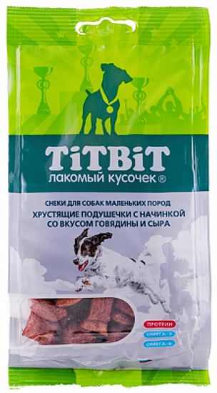 Titbit Хрустящие подушечки с начинкой со вкусом говядины и сыра для маленьких пород Лакомство для собак 95 гр