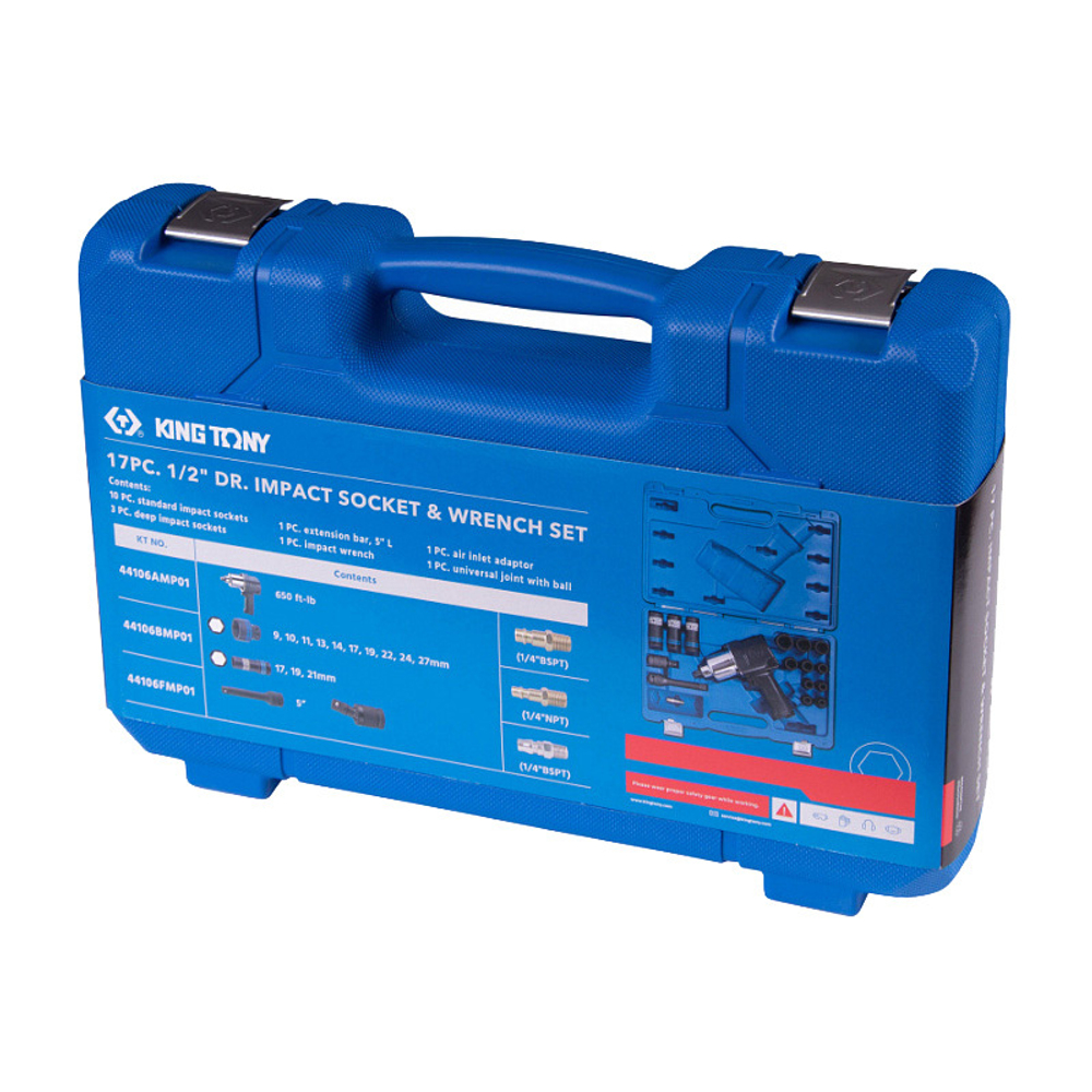 KING TONY (44106AMP01) Гайковерт пневматический ударный 1/2", 881 Нм, с комплектом головок, 17 предметов