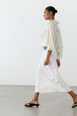 Massimo Dutti Миди-юбка из 100% льна с эластичным поясом, белый