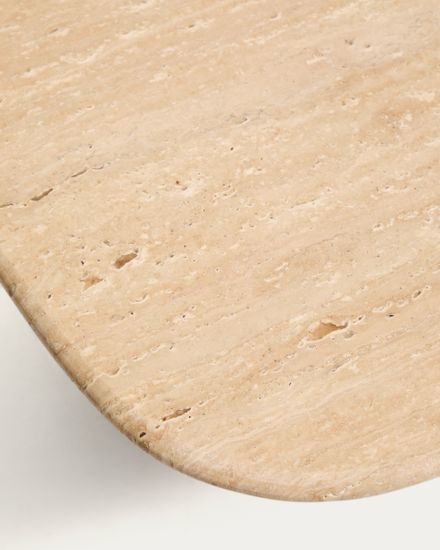 Журнальный столик Pirita из бежевого травертина с ножками из дуба натурального цвета, 147 x 65 см