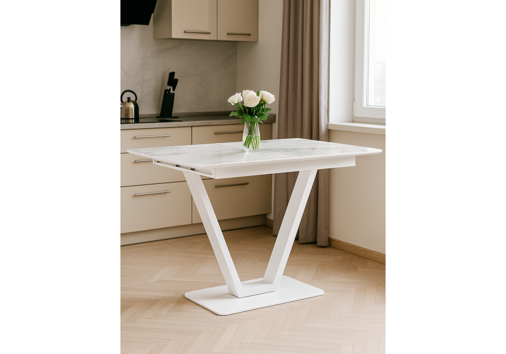 Стол стеклянный Woodville на тумбе Бугун 120х80х77 белый мрамор, белый