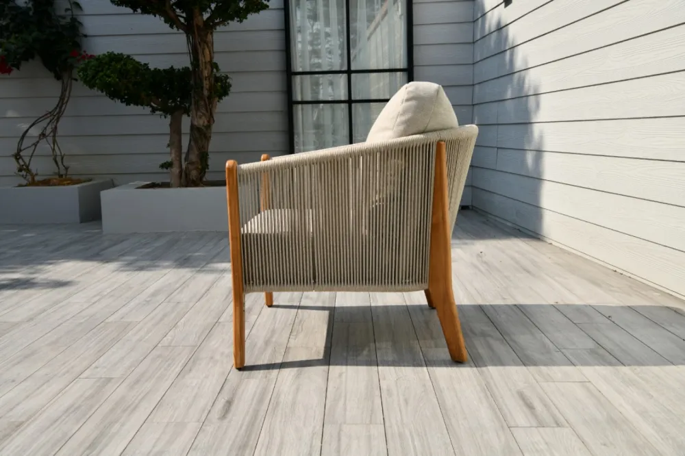 "Сидней" кресло плетеное из роупа, основание тик, каркас алюминий бежевый, роуп бежевый, ткань бежевая