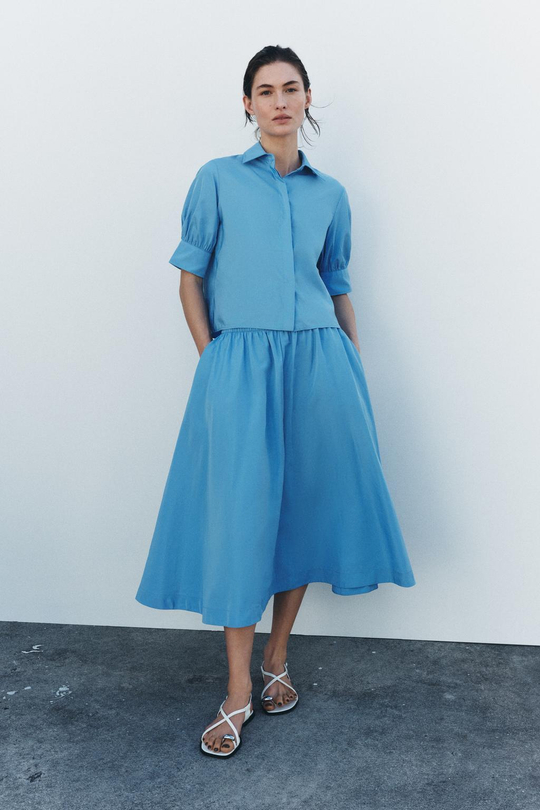 ZARA ЮБКА МИДИ ОБЪЕМНОГО КРОЯ — ZW COLLECTION, СИНИЙ