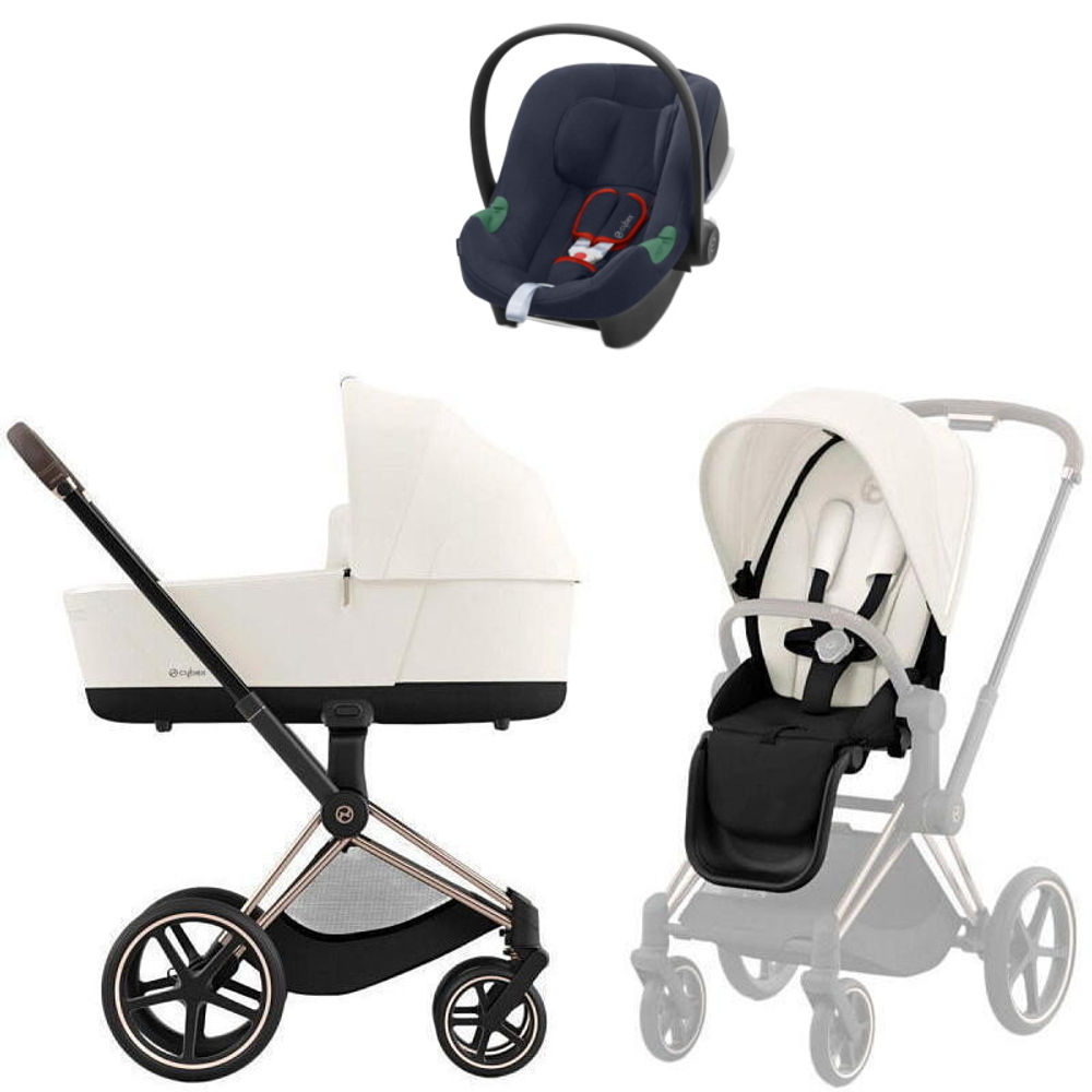Коляска Cybex Priam IV Rosegold complete Aton B2 Bay Blue Base One 4 в 1 Off White