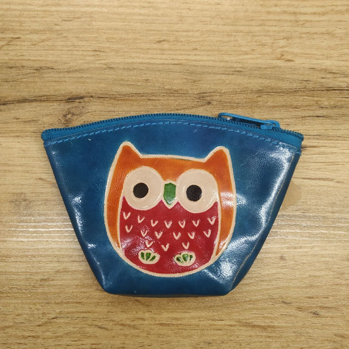 Кошелек под мелочь Сова цвет бирюзовый, кожа, ручной принт 11x1,5x7,5 см
