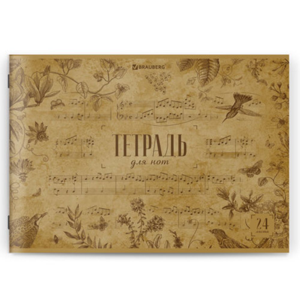 Тетрадь для нот А4, 24 л., обложка мелованный картон, горизонтальная, на скобе, BRAUBERG, "Классика", 404640