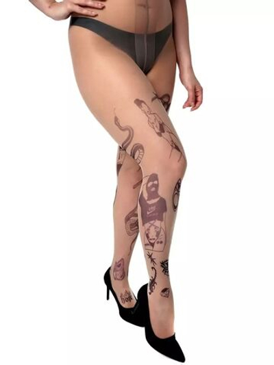 Колготки +size с принтом в виде мини-тату (Размер: XL-XXL-XXXL) (Цвет: бежевый)
