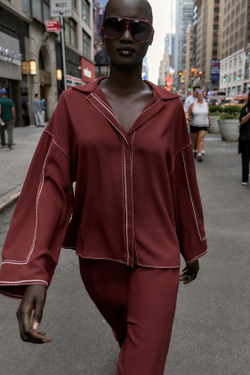 ZARA ШИРОКИЕ БРЮКИ С КОНТРАСТНОЙ СТРОЧКОЙ, ЧЕРЕПИЧНЫЙ