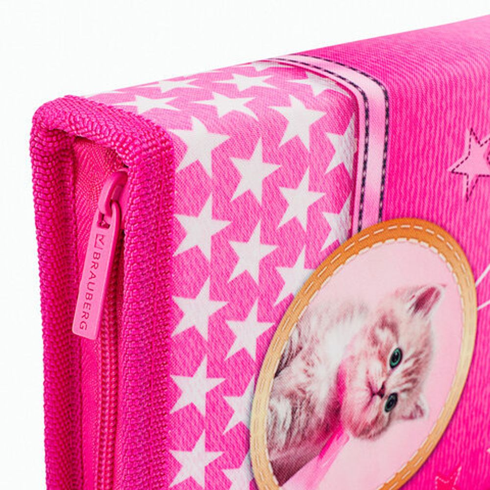 Пенал BRAUBERG, 1 отделение, 1 откидная планка, полиэстер, 21х14 см, "Happy kitten", 270308