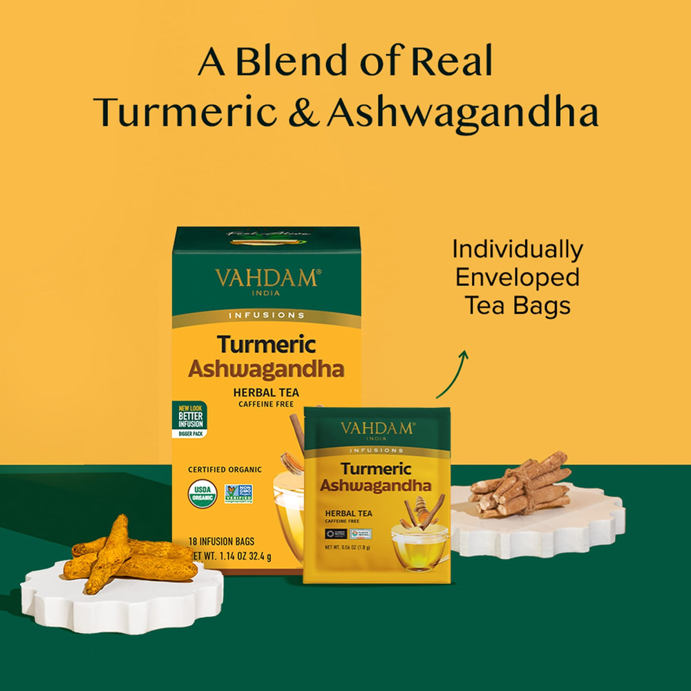 VAHDAM India, Infusions, куркума и ашваганда, без кофеина, 18 пакетиков для заваривания, 32,4 г (1,14 унции)