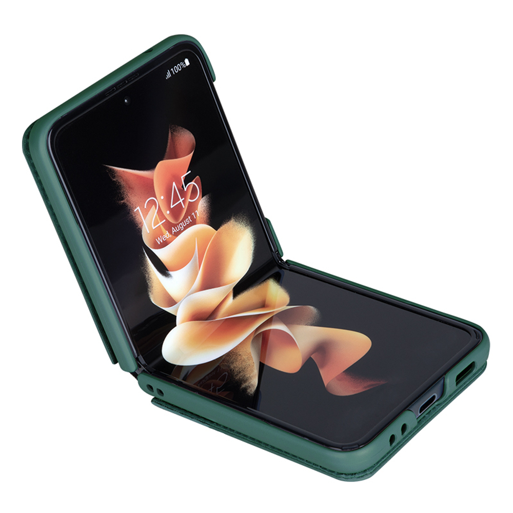 Чехол из искусственной кожи зеленого цвета (Dark Green) от Nillkin для Samsung Galaxy Z Flip 4 5G, серия Qin Leather