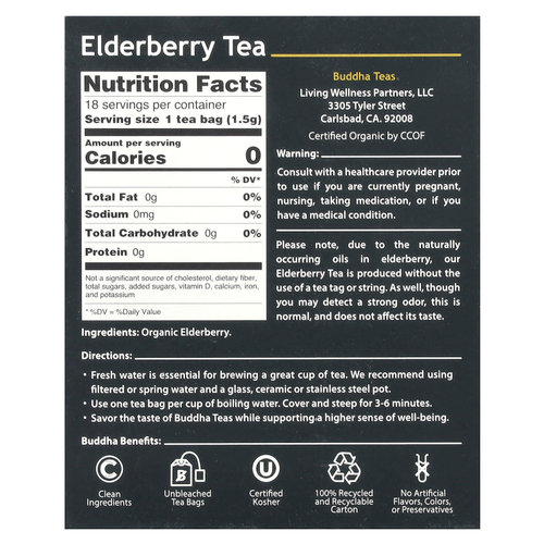 Buddha Teas, Органический травяной чай, бузина, 18 чайных пакетиков, 27 г (0,95 унции)